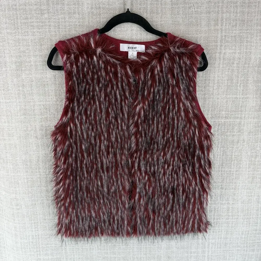 Kikit Vest Womens M Red Faux Fur Lined Full Zip Knit Short Sleeveless Casual